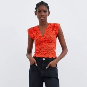 NWOT Zara Floral Lace V neck Sleeveless Top Red/Orange Small